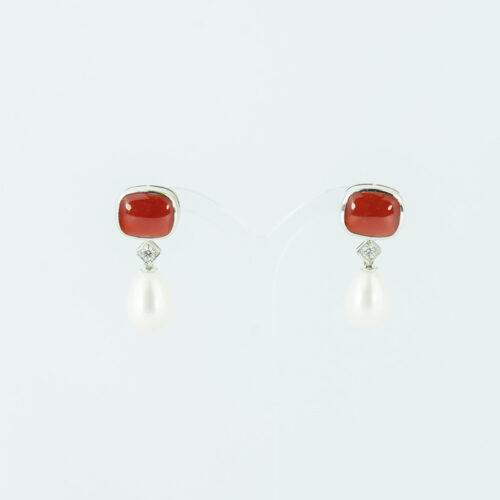 Boucles d’Oreilles pierre Cornaline Importantes en Or Blanc 18 Carats, Diamants et Perles